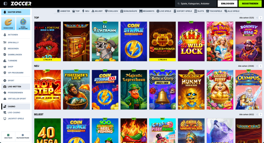 Spielscreenshot mit beliebten Slots und Jackpot-Games von Pragmatic Play, Play’n GO, Merkur und weiteren Anbietern