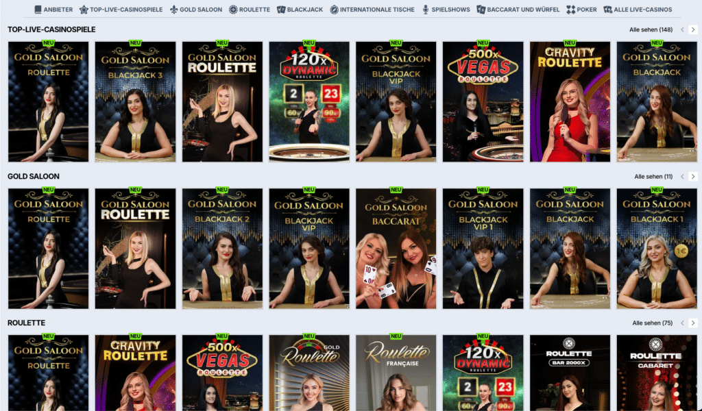 Übersicht der Live Casino Anbieter bei Zoccer, darunter Roulette, Blackjack und Baccarat in Echtzeit