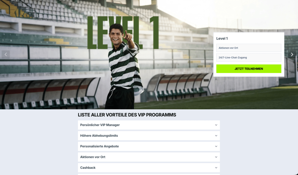 Einstiegsebene „Level 1“ im Zoccer VIP-Programm mit persönlichen Angeboten und Cashback Vorteilen für VIP-Kunden