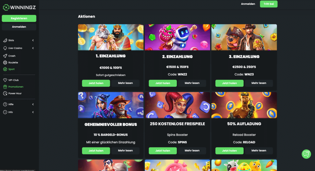 Übersicht der aktuellen Bonusaktionen, Freispiele und Reload-Boni im Winningz Casino 2026