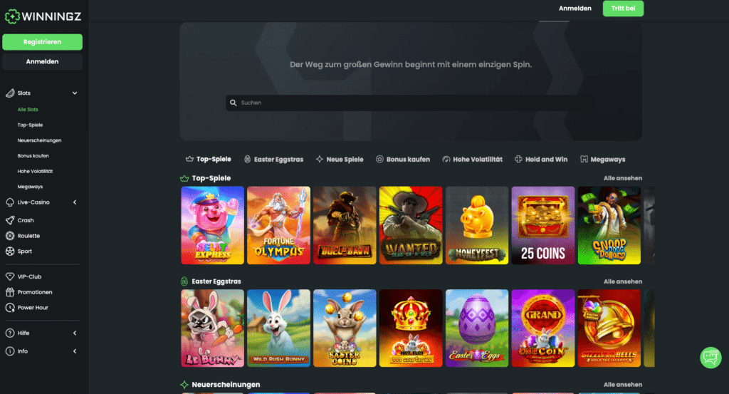 Auswahl an Top-Slots und neuen Spielautomaten bei Winningz Casino 2026