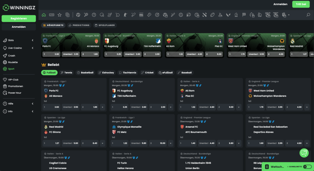 Sportwetten Übersicht bei Winningz Casino mit Wetten auf Bundesliga, Premier League und viele weitere Sportarten 2026