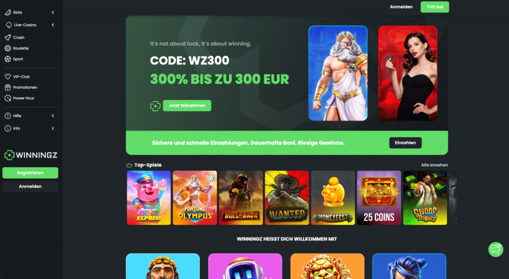 Exklusiver Willkommensbonus im Winningz Casino – 300% bis zu 300€ mit dem Bonuscode WZ300
