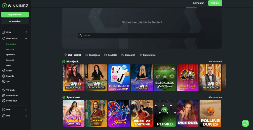Spielauswahl im Live Casino von Winningz mit Blackjack, Roulette und vielen weiteren Echtgeld-Tischen