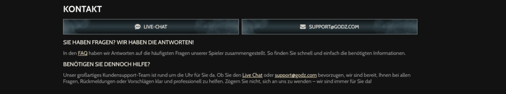 Kontaktseite von Godz Casino mit Live Chat und E-Mail Support für schnelle Hilfe und Kundensupport
