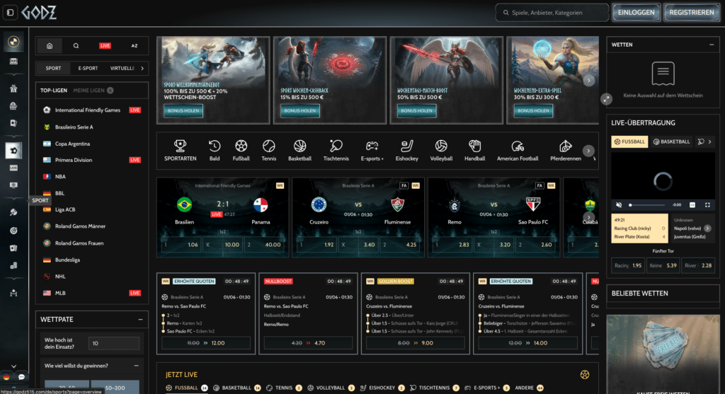 Screenshot vom Livewetten Bereich im Godz Casino mit aktuellen Fußballwetten und Quoten