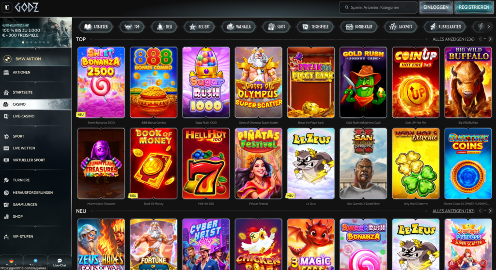 Übersicht über die besten Online Slots und Spielautomaten im Godz Casino wie Sweet Bonanza und Book of Money