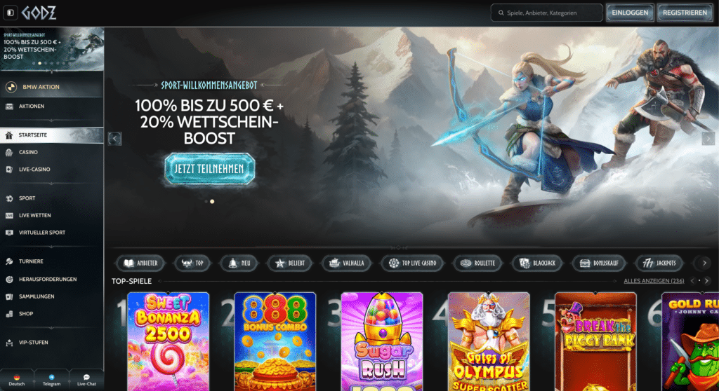 Übersichtlichen Startseite des Godz Casinos mit aktuellen Spielautomaten und Bonusangeboten