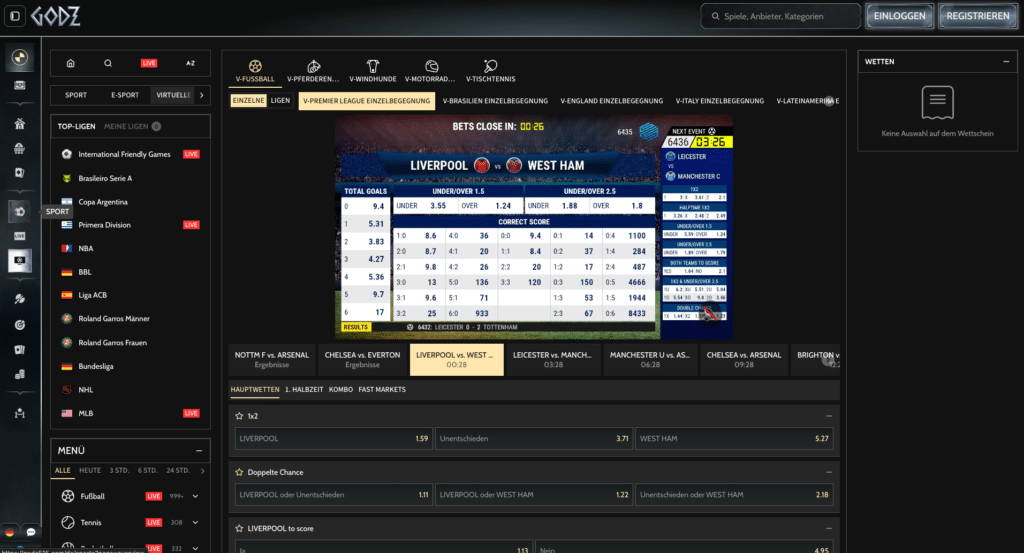 Virtueller Sportwettenbereich mit Premier League Begegnungen und Wettquoten im Godz Casino