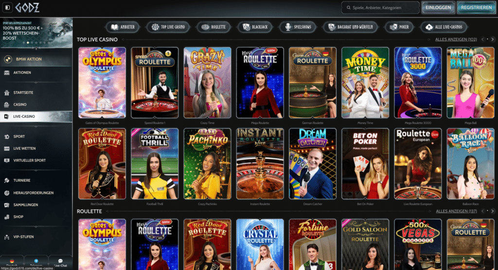 Verschiedene Live Casino Spiele im Godz Casino wie Roulette, Crazy Time und Bet On Poker