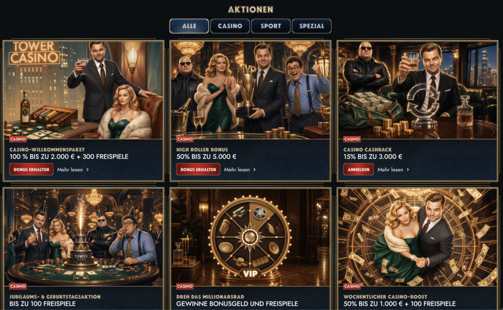 Übersicht Tower Casino Aktionen wie no deposit Bonus mit glamourösen Casinofiguren und verschiedenen Bonusangeboten