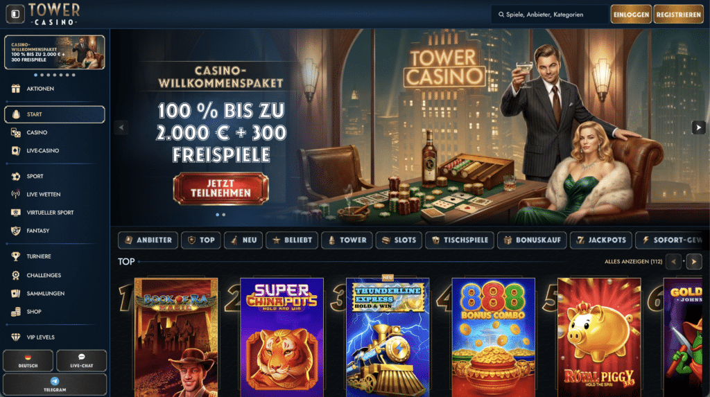 Tower Casino Bewertungen und Erfahrung mit Willkommensbonus und Top Spielautomaten wie Book of Ra Magic, Super Chinapots und Royal Piggy