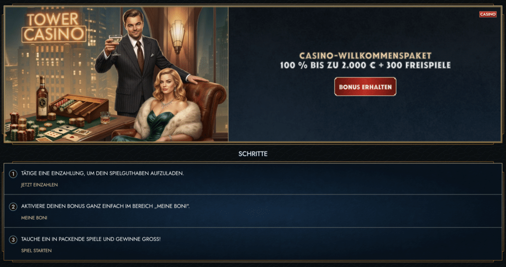 Elegantes Paar am Casinotisch mit Tower Casino Willkommenspaket im Hintergrund, Bonusangebot 100% bis 2.000 Euro und 300 Freispiele